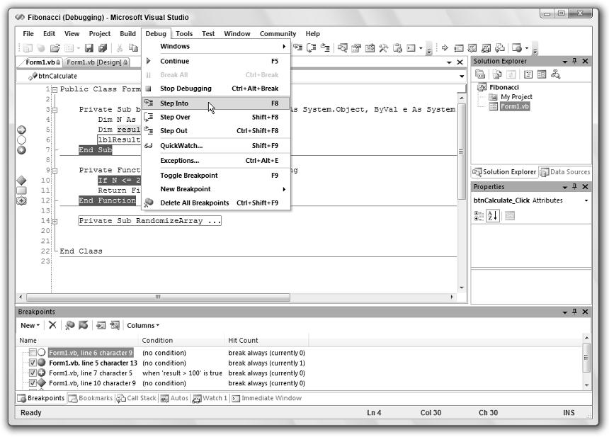 Part I: Getting Started Debug The Debug menu, shown in Figure 1-20, contains commands that help you debug a program.