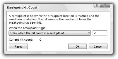 From the drop-down list you can select the options break always, break when the hit count is equal to, break when the hit count is a multiple of, or break when the hit count is greater than or equal