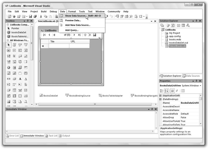 Chapter 1: IDE Figure 1-34: The Data menu holds commands that deal with datasets. Make Same Size This submenu contains commands that change the size of the controls you have selected.