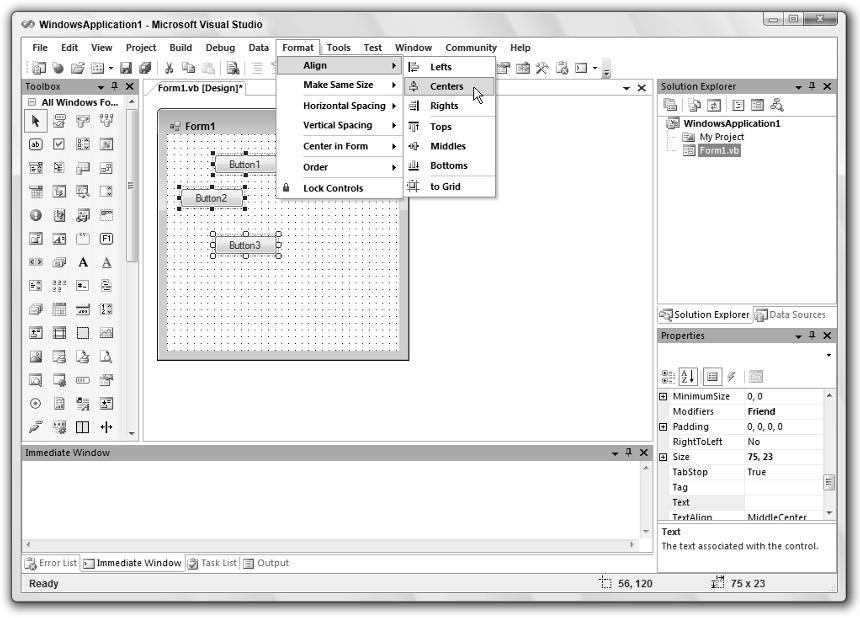 Part I: Getting Started Figure 1-35: The Format menu contains commands for formatting and arranging controls on a form.