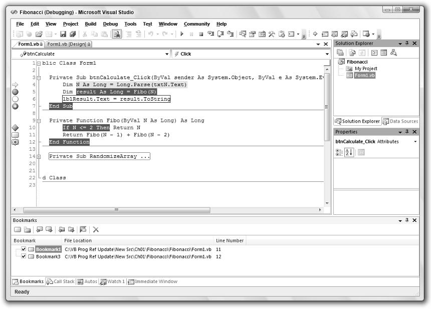 Part I: Getting Started Figure 1-54: The Visual Basic code editor provides many features, including line numbers and icons that indicate breakpoints and bookmarks.