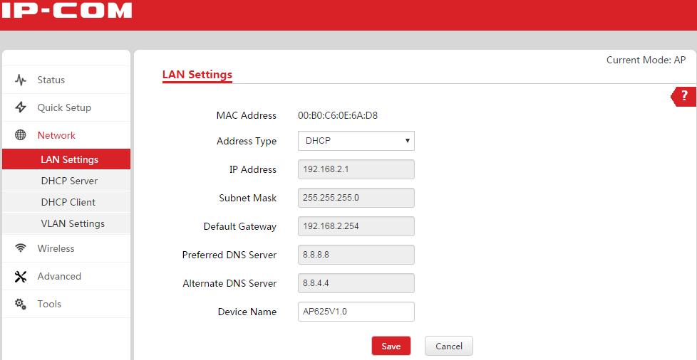 To obtain LAN IP address from another DHCP server: 1. Log in to the device s web UI. 2. Go to Network > LAN Settings. 3.