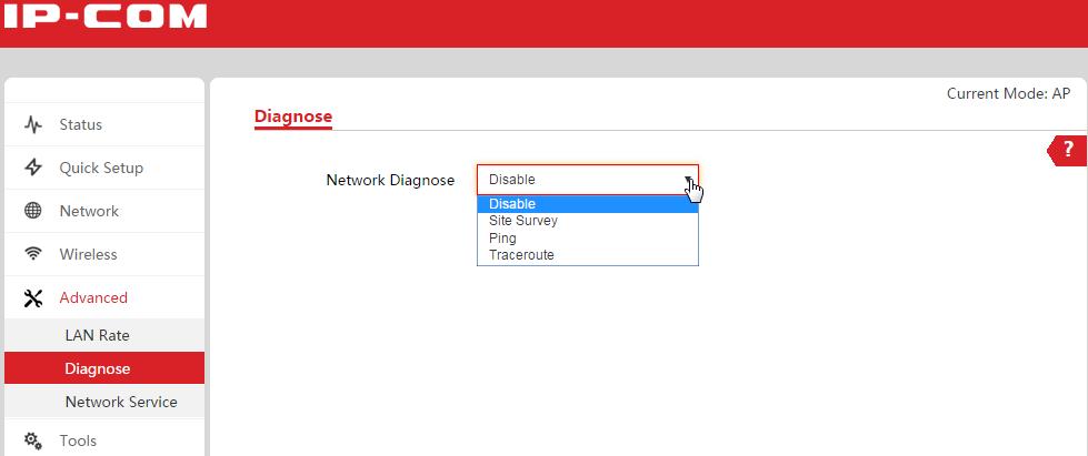 4.5.2 Diagnose The device provides several diagnose tools to detect the network connection, including scanning signal (site survey), ping and traceroute.