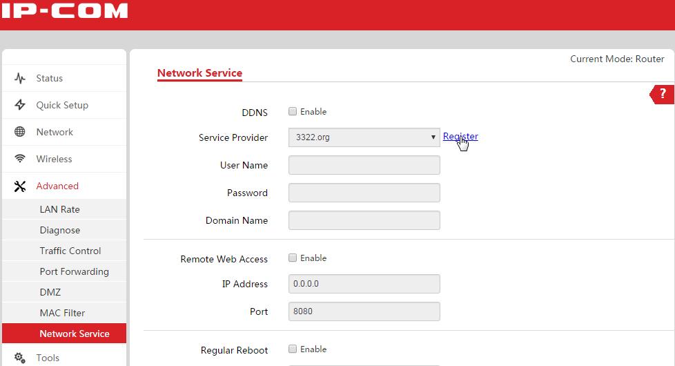 Configure DDNS function Step 1: Register a domain name. 1. Log in to the device s web UI. 2. Go to Advanced > Network Service > DDNS. 3. Go to the DDNS configuration page and click Regiser.
