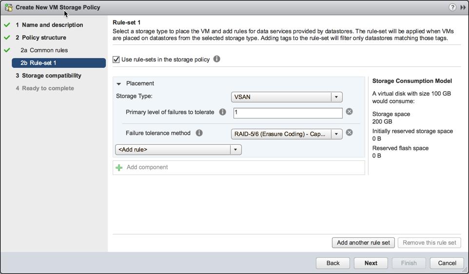 The following figure shows storage policy rules created using the vsphere Web Client. This policy contains three rules.