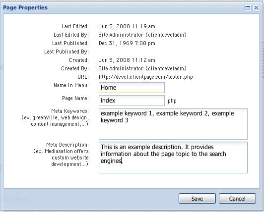 Set Page Properties Once you have created a page, you can modify the name of the page and how the page appears in the menu by clicking the "Edit" button on the Properties tab in the left column of