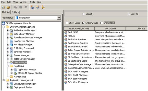 134 Chapter 10 Additional Tasks Create a Group in SAS Management Console for Each Region Each group contains the managers assigned to that region.