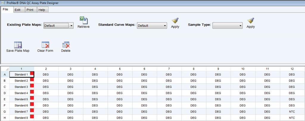14210TA Figure 35. The ProNex DNA QC Assay Plate Designer tab screen displaying the default standard curve map. 4. Highlight the wells of interest and select the sample type from the drop-down menu.