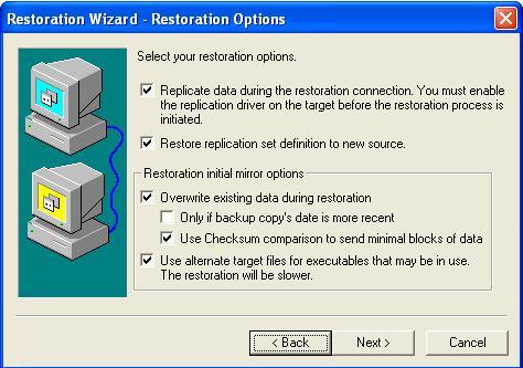 Replicate data during the restoration connection This option allows you to replicate on-going data changes during and after the restoration mirror is performed.