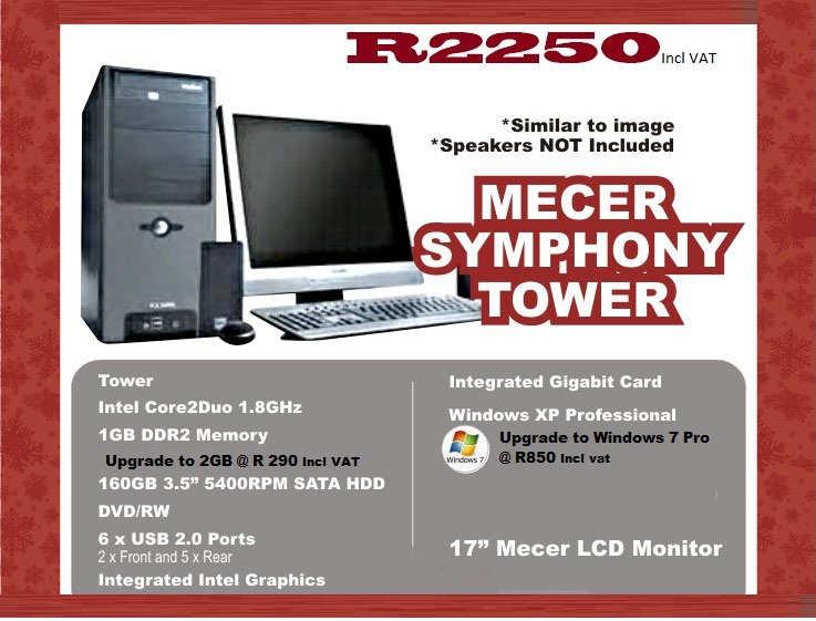 Delivery @ R250 for JHB & PTA @ R350 for Main Centers @R450 for outlying areas Refurbished Dell GX745 Tower with New Wide Screen 18.5 LCD Monitor!