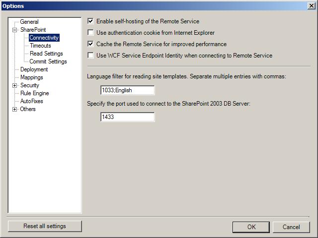 SharePoint Connectivity Figure 81: Options Window SharePoint Connectivity Table 23: Deployer Options - SharePoint Connectivity Option Enable self-hosting of the Remote Service Description Self-host