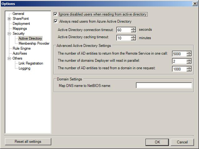 Active Directory Figure 88: Options Window Active Directory Table 30: Deployer Options Active Directory Field Ignore disabled users when reading from active directory.