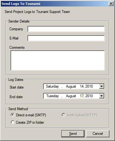 Figure 97: Send Logs To Tzunami window 2. Fill the Company, E-Mail and Comments fields. 3. Select a Log Dates interval (Start date and End date).