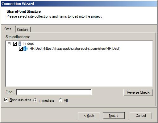 Figure 10: SharePoint Connection Wizard Web Applications Screen 6. Select one or more Web Applications to load and click Next.