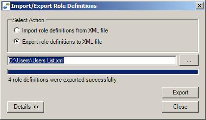 To Import/Export role definitions: Right-click an item and select Security > Import/Export role definitions. The Import/Export Role Definitions window is displayed.