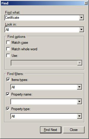 Figure 50: Find Window Table 10: Find window Fields Field Find what Look in Find options Match case Match whole word Use Find filters Items types Description The text to search Select a search scope