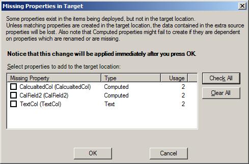 Figure 58: Missing Properties in Target Window To automatically create and map properties: 1. Select the various options according to the information in the following table.
