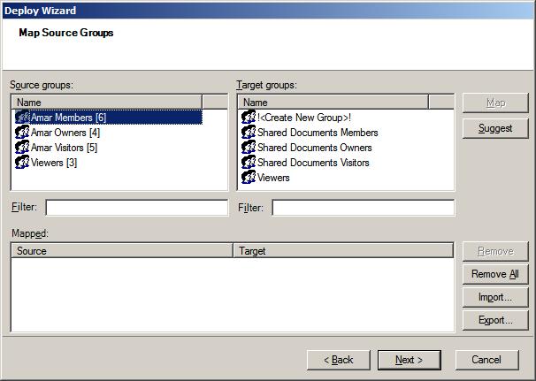 Groups Mapping Figure 61: Group Mapping screen The screen consists of three lists: Source groups The source groups that are relevant to the items deployed.
