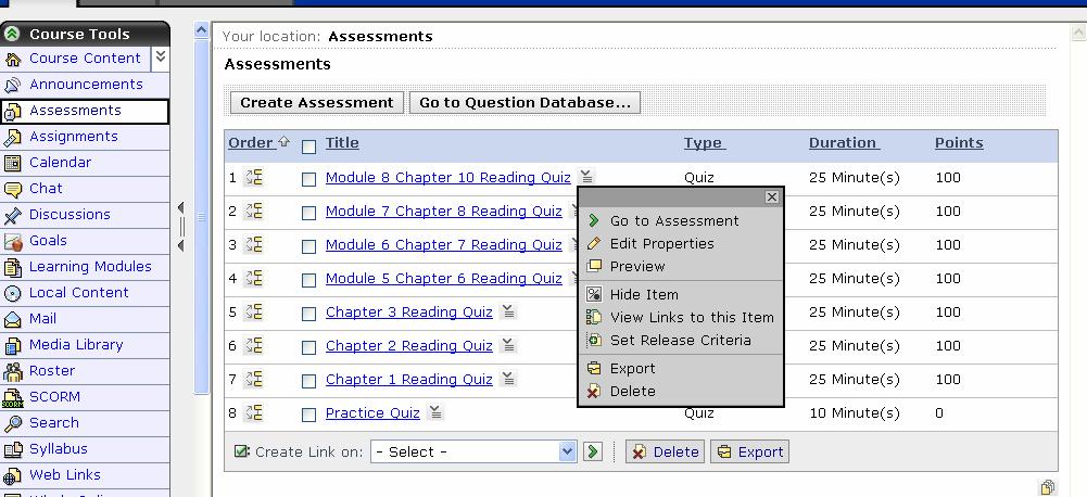 Assessments All quizzes and surveys that were in your course on WebCT 4.1 were migrated and can be found by clicking on Assessments under either the Build Tab or the Teach tab.