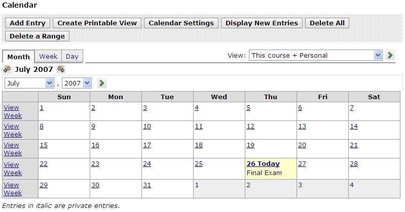 Calendar The course calendar allows Designers and Teachers the ability to create calendar notices of important dates including assignment due dates, tests and changes to regular class schedules.