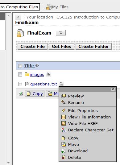 ActionLinks for file operations Objects in Blackboard typically have an ActionLink icon that provide a menu for appropriate operations for that object.