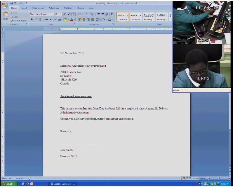 Usability Testing Results: Old Workplace (Screenshots) Task 1 Task 1: a) Open the Microsoft Word document titled "Usability Lab (word)" on desktop.