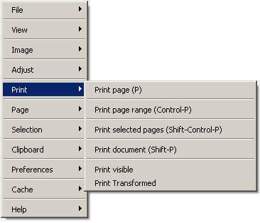 Print menu The print menu provides options to print the current page, all pages (document), a page range or pages selected (selected via the select menu).