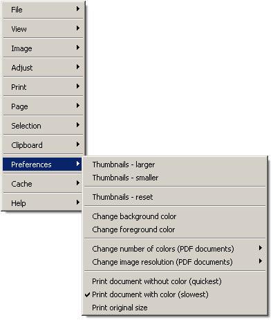 Preference menu The preference menu provides options to adjust thumbnail display size and to change the color used for the background on monochrome images.