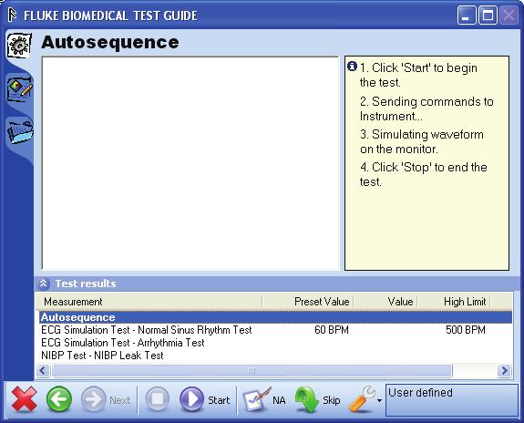 ProSim 6/8 Tests How to Perform Simulation Tests 3 3. Click Test Start Test on the menu bar to show the Test Guide window shown in Figure 3-9. Figure 3-9. Autosequence Test Guide gjp088.bmp 4.