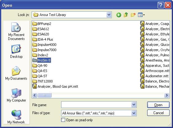 ProSim 6/8 Tests How to Perform Simulation Tests 3 To open the Monitoring Testing template from the Ansur test library: 1. Click File Open on the menu bar or click on the main toolbar. 2.