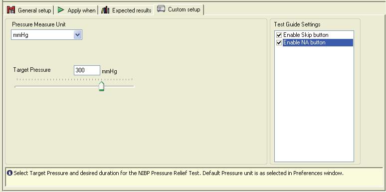 Reference ProSim 6/8 Test Elements 4 NIBP Leak Test Figure 4-16 shows the custom setup window for the NIBP leak test. Figure 4-16. NIBP Leak Test Custom Setup gjp042.