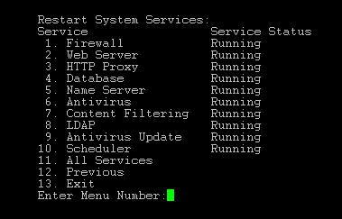 Use this option to manage user services such as: IPS Application control Policy Based Routing Restart System Services Restart System Services allows you to restart any of the