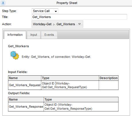 Step 4: Configure a Service Call Create a Workday service call in the Process Designer to use the Workday connection that accesses the Get Workers operation. 1.