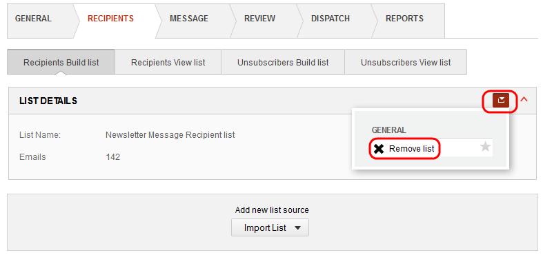 2. In the Recipients tab, click Use existing list. 3. In the drop down list, select the list that you want to use. The selected list is displayed in the List details section.