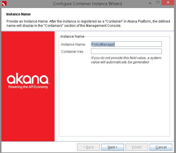 4 At the Instance Name screen, specify the name of the Akana container instance the upgrade will be applied to, as shown in the example below
