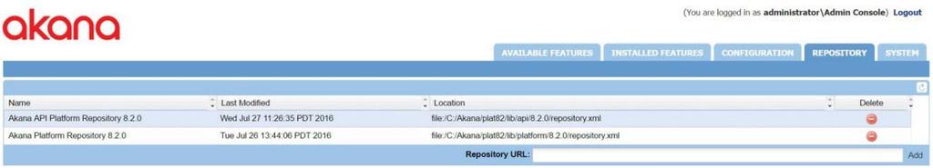 an Administrator. The Akana Administration Console launches and displays the Available Features tab, as shown below. Step 1-12: Refresh repository Verify that the repository is there.