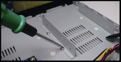 Step4: Fasten the hark disk with the supplied screws, two for each side. Step5: To install another hard disk, find the supplied hard disk brackets in the package, and fix them onto the NVR base.