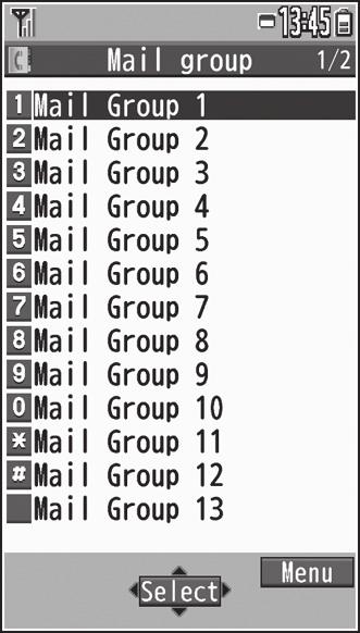 3 Using Mail Groups Save mail addresses by group. Messages can be sent to specified group of recipients. Save up to five recipients per group. Create up to 0 groups.