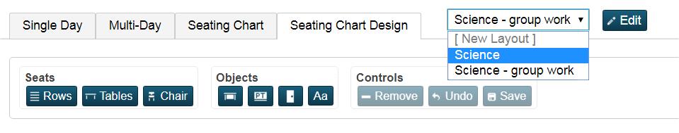 1. Click the Seating Chart (grid and chair) icon next to the class for which you want to access an existing chart layout. 2.