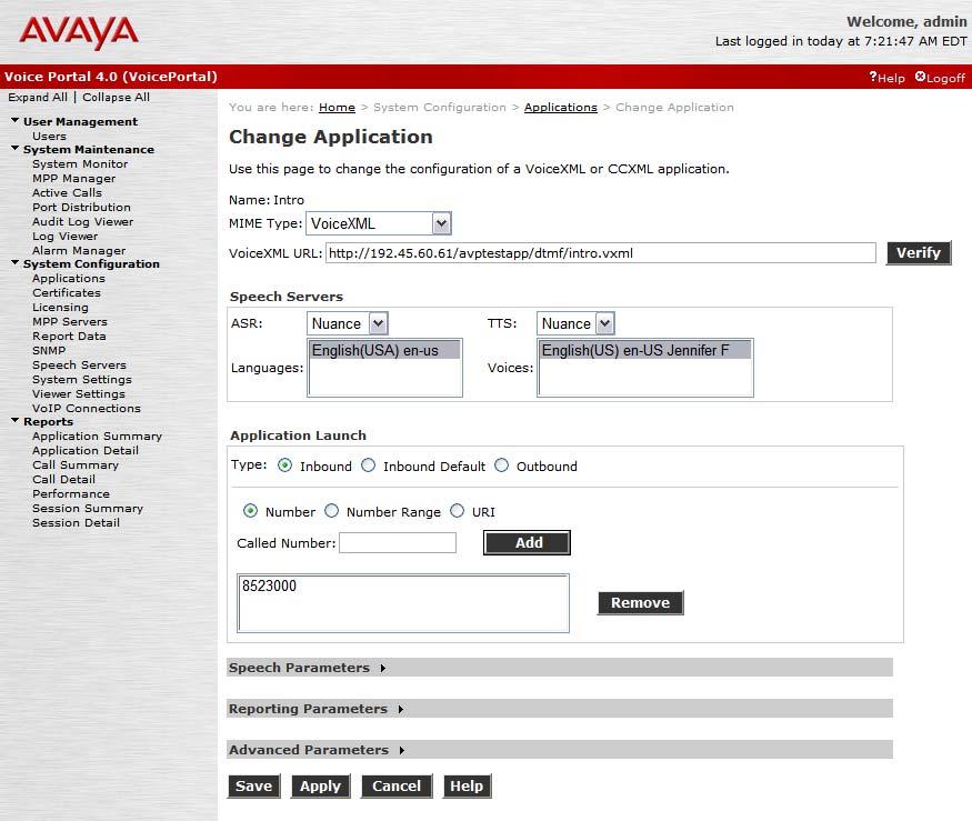 Add an Application. On the Applications page, add a Voice Portal application. Specify a Name for the application, set the MIME Type field to the appropriate value (e.g., VoiceXML), and set the VoiceXML URL field to point to a VoiceXML application on the application server.