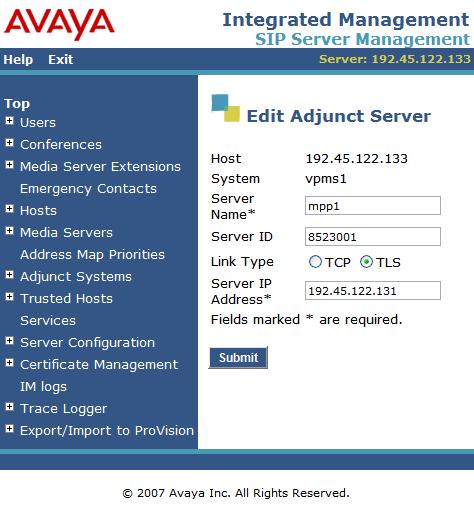 Add Adjunct Servers. Add an adjunct server, associated with the adjunct system configured in Figure 14, for each MPP server. Specify the Server Name, Server ID, Link Type, and the Server IP Address.