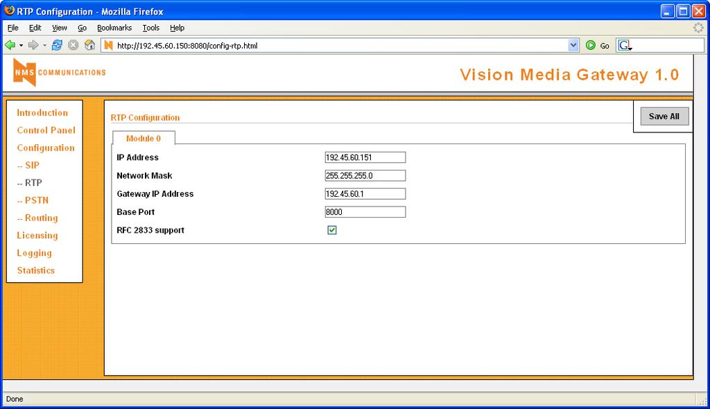 Configure the RTP Interface. Navigate to the RTP Configuration screen.