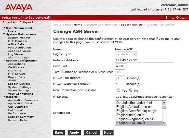 Add an ASR Server. To configure the ASR server, click on Speech Servers in the left pane, select the ASR tab, and then click Add.