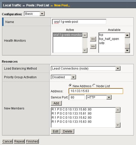 4. In the Health Monitors section, select the name of the monitor you created in the Configuring the BIG-IP LTM section, and click the Add (<<) button. In our example, we select ora11g-web-monitor. 5.