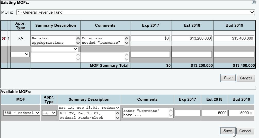 Select a MOF, Appr. Type, and Summary Description from each of the drop-down boxes. Enter Comments and the dollar amounts associated with each fiscal year listed and click Save.