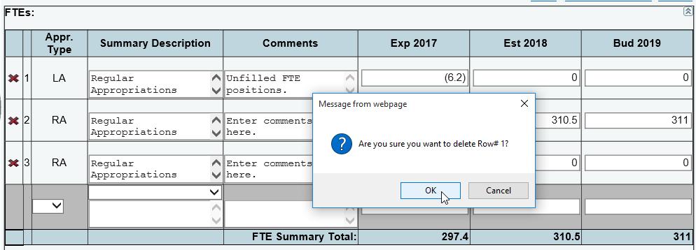 Enter any necessary changes and click Save. You cannot modify the appropriation type (Appr. Type column) from the FTE screen.