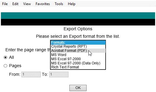After clicking the first icon to export, select the appropriate export format from the drop-down list (shown below) and click OK.