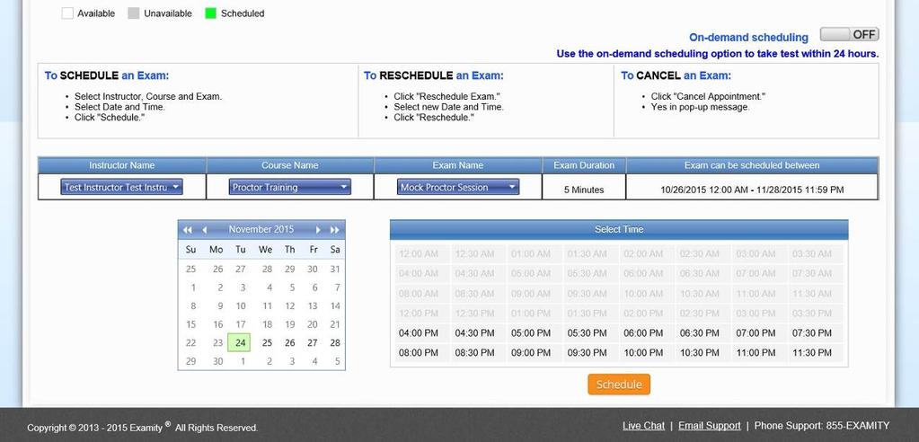 3. You will see a calendar. Select your preferred date and time. If you are scheduling less than 24 hours in advance, you must select the On-Demand scheduling option.