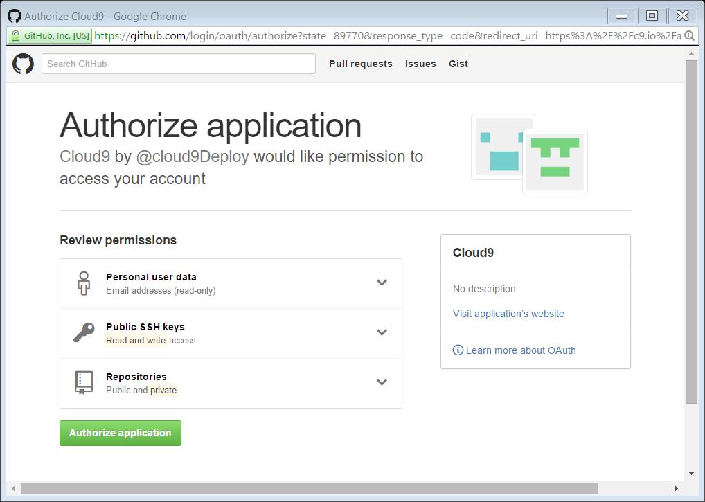 Step #2: Link Cloud9 Account to GitHub Account A popup screen will appear requesting that you Sign in to GitHub Authorize