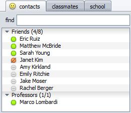 The Contacts Tab The Contacts tab is where you can keep track of your friends, study groups, and anyone else that you contact often. When you launch Wimba Pronto for the first time, this tab is empty.